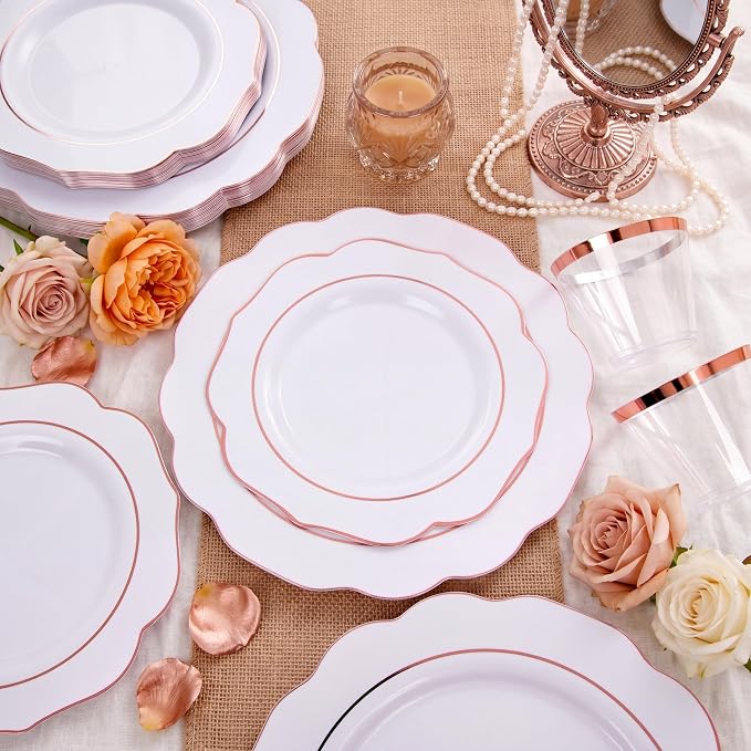 NOCCUR 175PCS Rose Gold Plastic Plates with Disposable Silverware - Include 25Dinner Plates, 25Dessert Plates, 25Forks, 25Knives, 25Spoons, 25Cups, 25Napkins for Party/Wedding/Birthday/Graduation