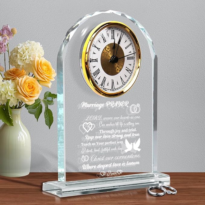 Wedding Gifts for Couples 2026 - Elegant Crystal Clock with Inspiring Quote, Marriage Prayer Keepsake for Anniversary - Unique Gifts for Bride and Groom, Newlywed Mr and Mrs
