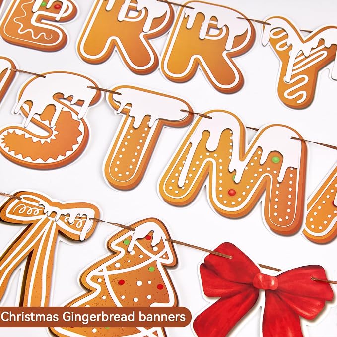 Merry Christmas Banners Gingerbread Theme, Pre-Strung Xmas Party Decorations, with 20 Pcs Gingerbread Men Hanging Swirls for Office Celebrations, School Events, Home Holiday Indoor Decor