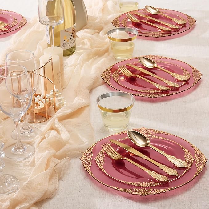 Goodluck 250 PCS Vintage Translucent Burgundy & Gold Rim Plastic Plates with Cutlery Set - Serves 50 - Heavy Duty Elegant Disposable Dinnerware for Thanksgiving, Fall Wedding, Holiday