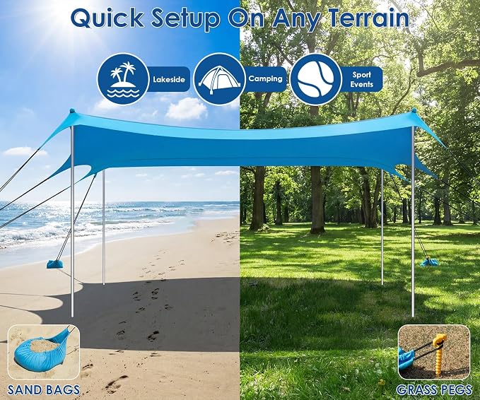 Beach Tent Sun Shelter, 14 × 11FT UPF50+ Protection Beach Shade Canopy, Easy Setup, with 8 Sandbags, 4 Stability Poles, Sand Shovel, Ground Spikes, Outdoor Shade for Sand, Camping, Fishing