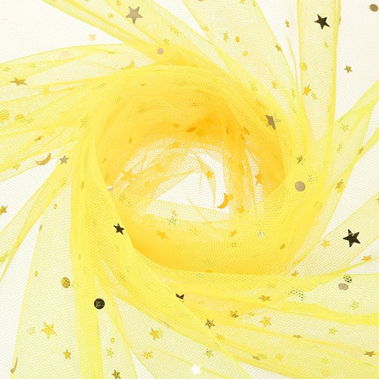 uxcell 60" x 8.7 Yard Tulle Fabric Star Moon Sequin Tulle Ribbon Rolls for Wedding Party Backdrop Stage Tutu Dress Bridal Veil DIY Sewing Crafts Decoration, Yellow