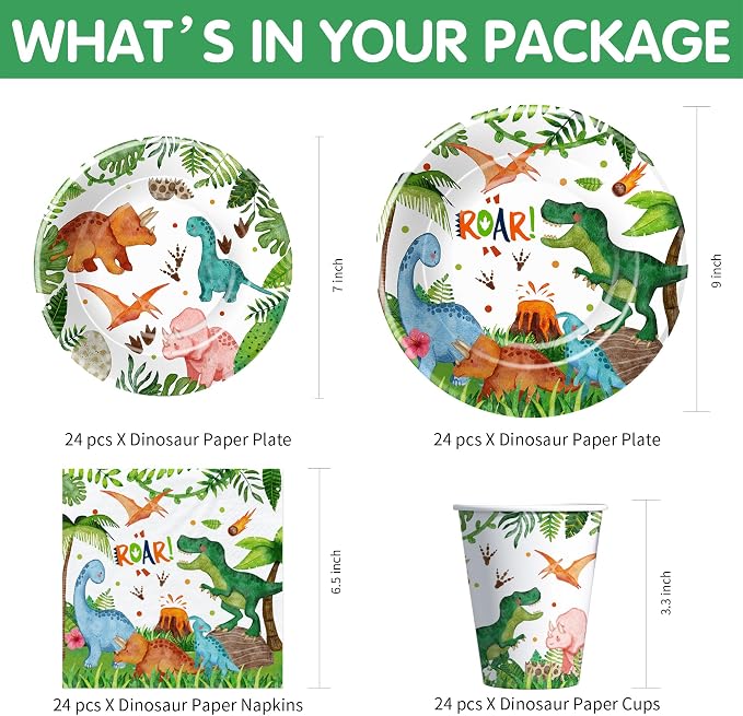 Srua Don Dinosaur Birthday Party Supplies Boy - Dino Dinosaur Birthday Decorations Tableware, Paper Plate, Cup, Napkin, Tablecloth, Disposable Cutlery, Banner, Serves 24