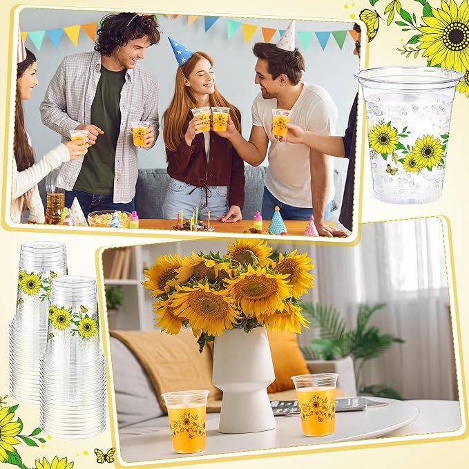 Hushee Sunflowers 60 Pcs Party Cups 16 oz Plastic Disposable Drinking Cups for Birthday Love Baby in Bloom Baby Shower Summer Fresh off The Market Bridal Shower Decorations Supplies