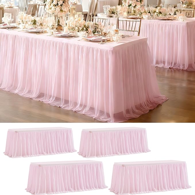4 Pack Pink Tulle Tablecloth Skirt for 6 Foot Rectangle Tables - Baby Shower Table Covers with Ruffle Tutu Detail - Stretch Fitted for Wedding, Girl's Birthday, Princess Themed Parties