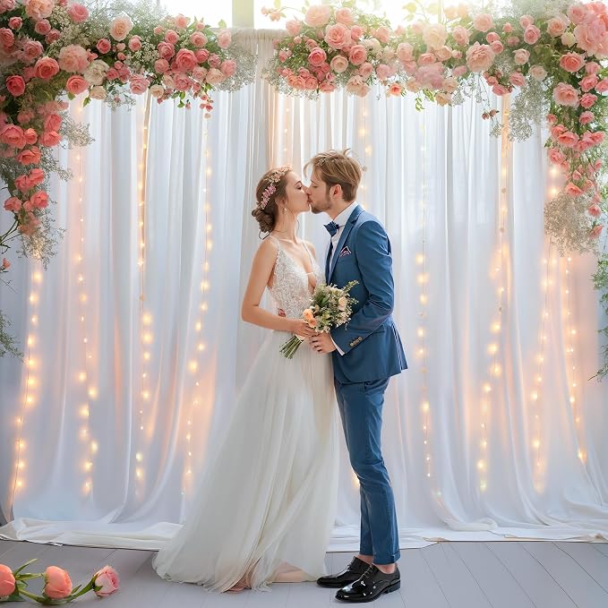 White Backdrop Curtains with Lights for Parties,10x10FT Wrinkle Free Wedding Photo Backdrop Curatin Drapes Fabric for Baby Shower Birthday Ceremony Reception Home Party Decorations-5ft x 10ft,2 Panels