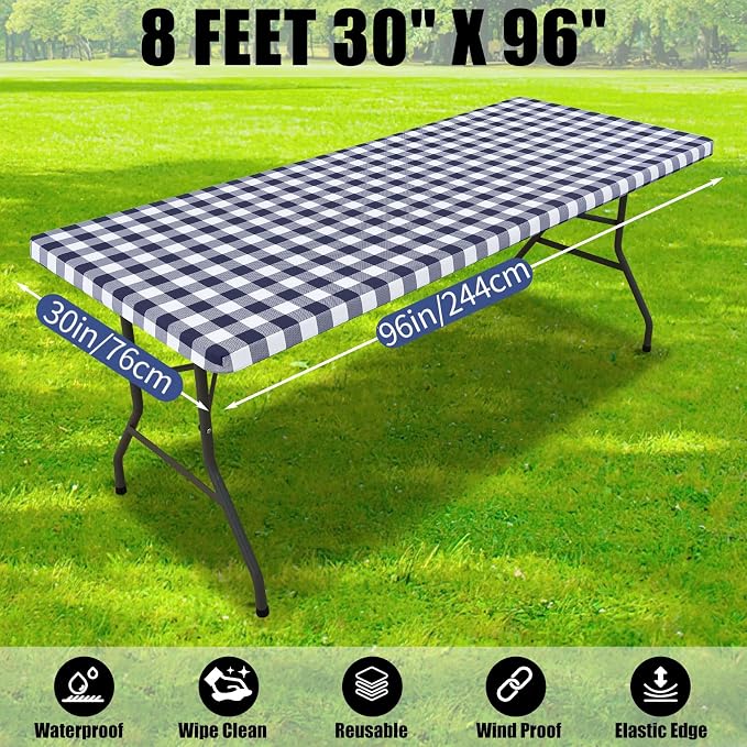 Smiry Picnic Table Cloth 6 Pack, Waterproof Elastic Fitted Tablecloths for 8FT Rectangle Tables, Washable Polyester Buffalo Plaid Tablecloth for Camping, Dining & Outdoor (Navy & White, 30" x 96")