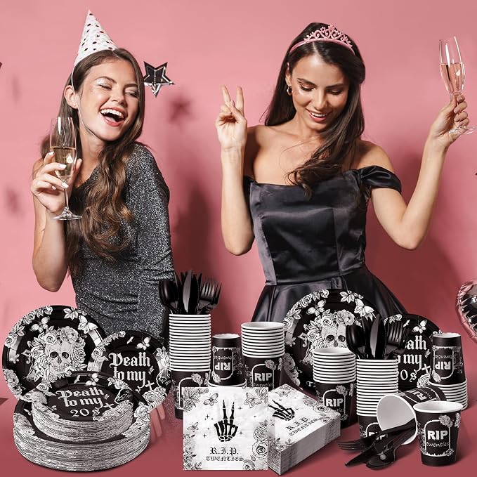 Hushee 324 Pcs Death to My 20s Decorations 30th Birthday Party Supplies Rip to My 20s Disposable Plates Cups Napkins Black Tableware Set for Youth 30th Birthday