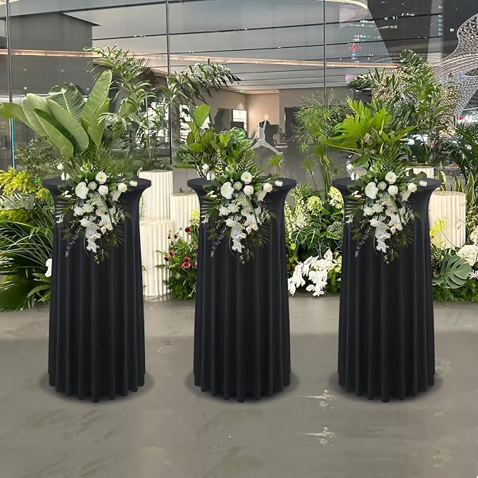 4-Pack 24"x43" Black Round Cocktail Table Skirts | Stretch Spandex Fitted Tablecloths | Wrinkle-Resistant, Stain-Resistant, and Machine Washable for Bars, Weddings, Parties, and Banquets