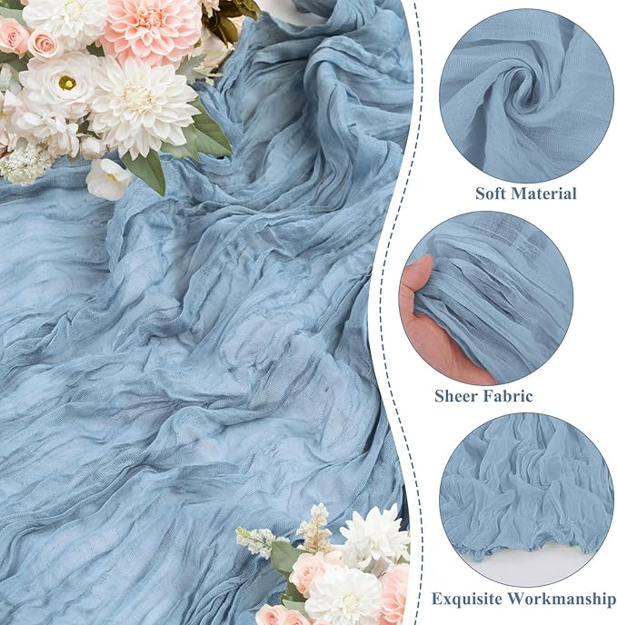 20 Pack Dusty Blue Cheesecloth Table Runner 10FT Long Boho Gauze Fabric Table Runner Vintage Rustic Sheer Runners for Wedding Party Bridal Baby Shower Table Decorations