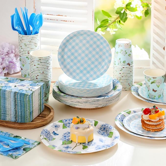 Sinmoe 400 Pcs Summer Hydrangea Floral Plates and Napkins Set Blue Flower Dinnerware Disposable Party Supplies for 50 Guest Dinnerware Knife Fork Spoon for Summer Hydrangea Birthday Party Decoration