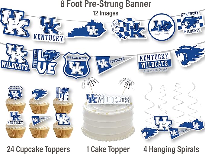 University of Kentucky Party Supplies for Football, Birthday Gift, Graduation Party Banner and Cake Toppers (42 Pieces) (Kentucky Wildcats)