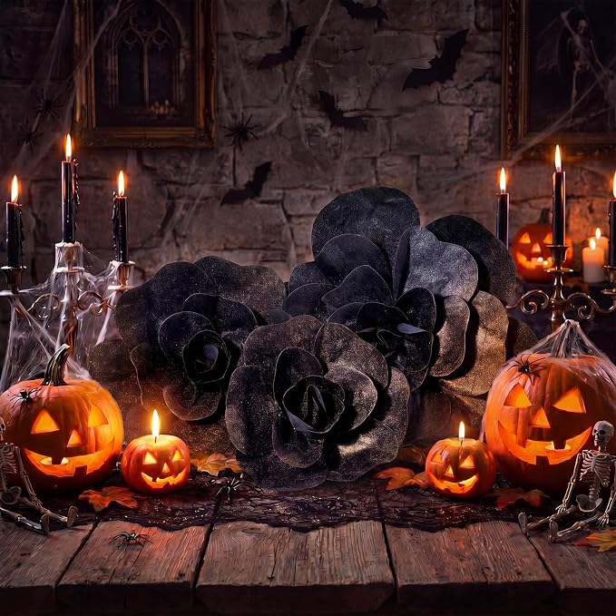 Norme 3 Pcs Giant Black Artificial Roses for Decoration 12 16 20 Inch Large Artificial Flowers Big Paper Flowers for Halloween Wedding Home Decor Anniversary Birthday Gothic Velvet Rose Bulk