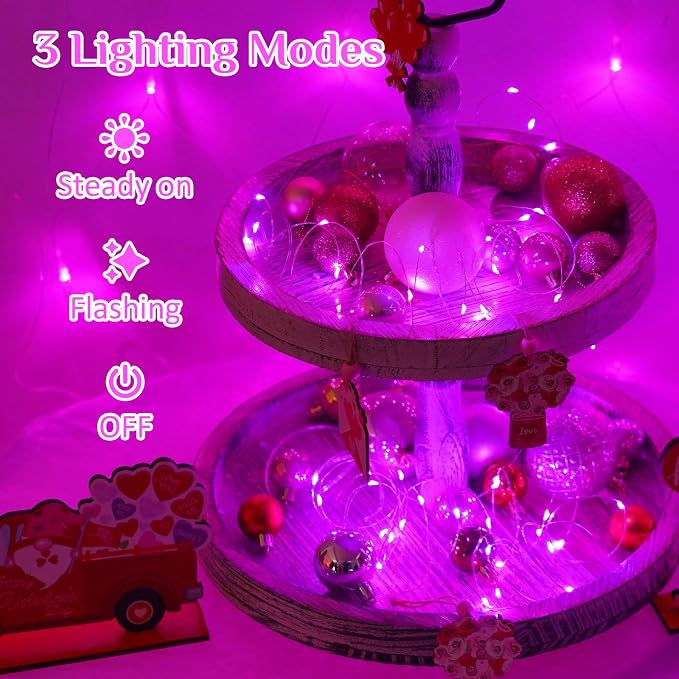 QITONG 8 Pack Valentine's Day Fairy Lights Battery Operated, Each 16 ft 50 LED Pink Mini String Lights, Sliver Wire Christmas Twinkle Lights Indoor
