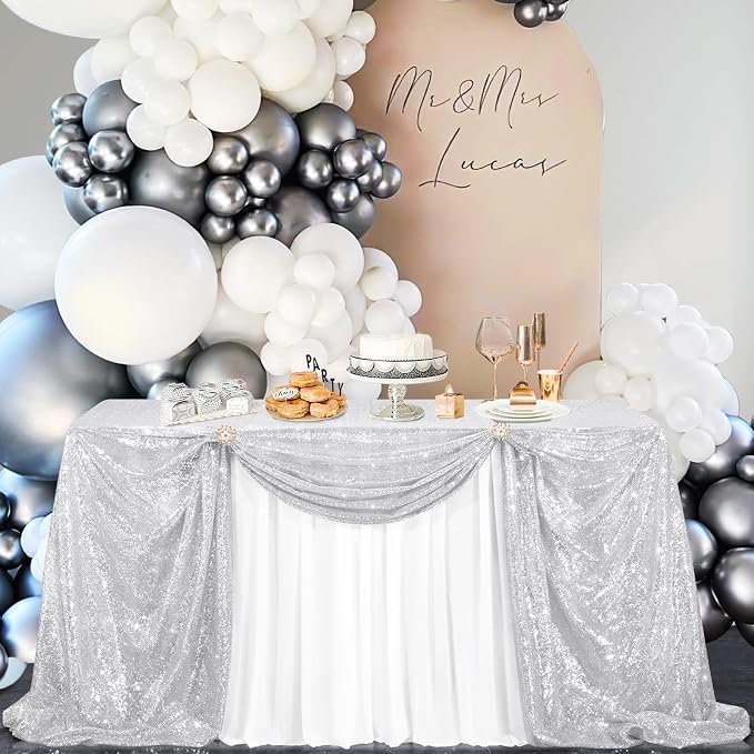 B-COOL Silver Sequin Tablecloth Christmas 50x80 Inch Glamorous Halloween Table Cloth for Thanksgiving Day Wedding Party Curtain Birthday New Year and Other Events Decor