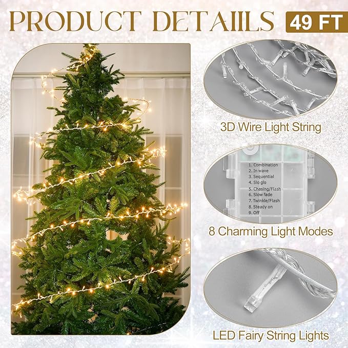 Mudder 49 ft Christmas Tree Garland Lights with Metal Wire Ring 300 LED Fairy String Lights 8 Modes Twinkle Light Battery Operated for Indoor Outdoor Xmas Tree Party Decoration (No Batteries Included)