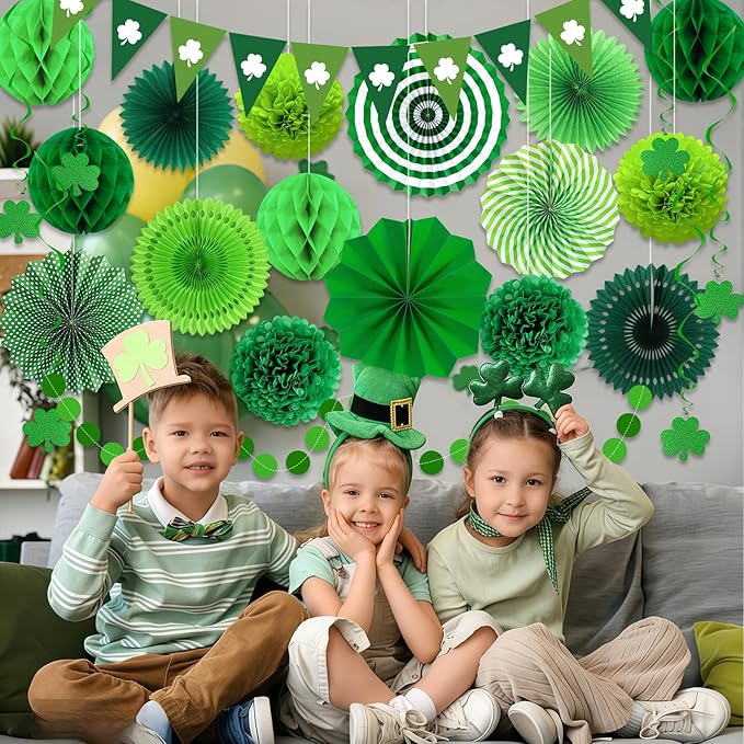 24 Pcs Green Birthday Decorations Set - Hanging Paper Fans Pom Poms Honeycomb Balls Lucky Clover Banner, Party Supplies for Jungle Safari Woodland Baby Shower Spring Events