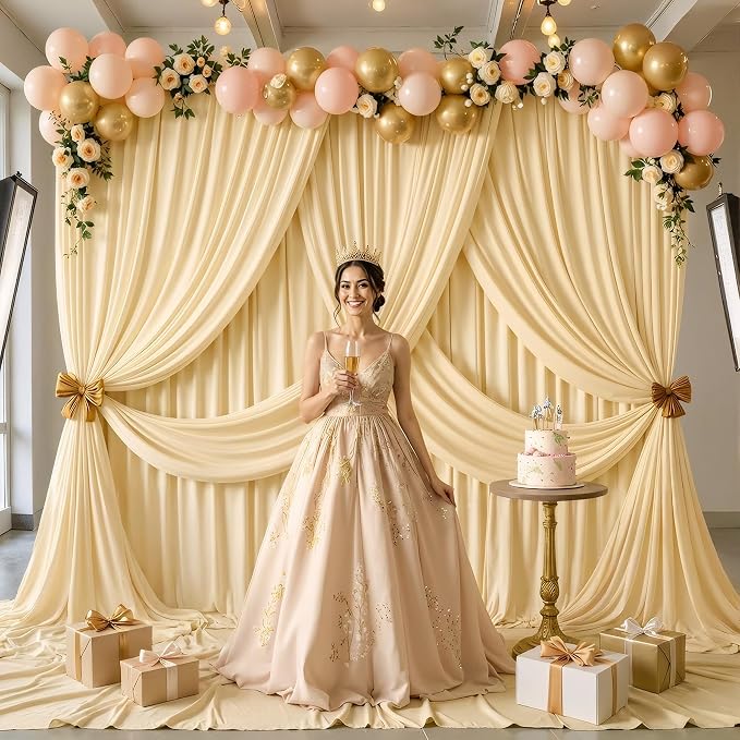 20ftx12ft Wrinkle Free Champagne Backdrop Curtain, 4 Panels 12FT Long Wedding Photo Backdrop Drapes, Silky Polyester Back Drop Cloth for Birthday Photography Background Party Backdrop Draping