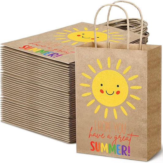 Tenceur 50 Pcs End of The Year Gift Bags Summer Party Gift Bags End of Year Kraft Bag Thank You Treat Supplies with Handle Appreciation Teacher Bag from Student for Graduation Summer Beach(Cute)