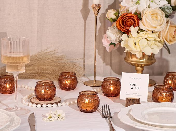 12 Pcs Amber Candle Holders- Floral Style Vintage Candle Holder for Rustic/Boho Wedding Table centerpieces, Bridal Shower, Baby Shower Decoration