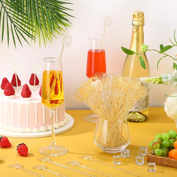 Reallnaive 100 Pcs 70th Birthday Drink Stirrers Gold Glitter Cocktail Stirrers Plastic Swizzle Sticks 7.5 Inch Fall Birthday Cupcake Toppers Sticks Bulk for Coffee Bar Cake Pops Christmas Party Favor