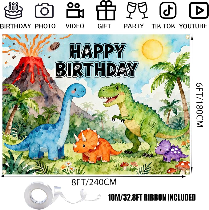 Dinosaur Birthday Backdrop 8x6FT – Large Happy Birthday Dinosaur Banner with Ribbon, Double-Stitched, Clear & Bright Dino Jungle Background for Boys Girls Birthday Party Decorations & Photoshoot Props