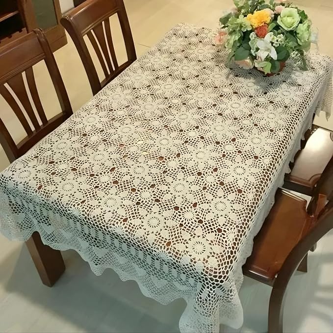 USTIDE Handmade Crochet Lace Tablecloth Cotton Crochet. Ecru 63"X 43" Rectangle Crocheted Table Covers for Tea Table Dressers
