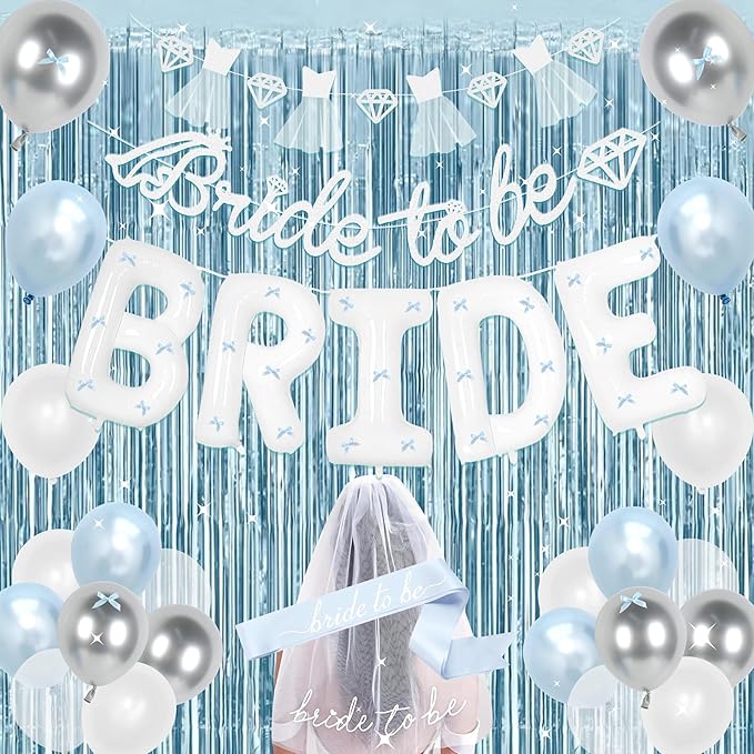 Holkcog Blue Bachelorette Party Decorations, Bride to Be Bridal Shower Decorations, Bride to Be Banner, Bridal Shower Tiara, Sash&Veil, Fringe Curtains, Blue and White Bachelorette Party supply