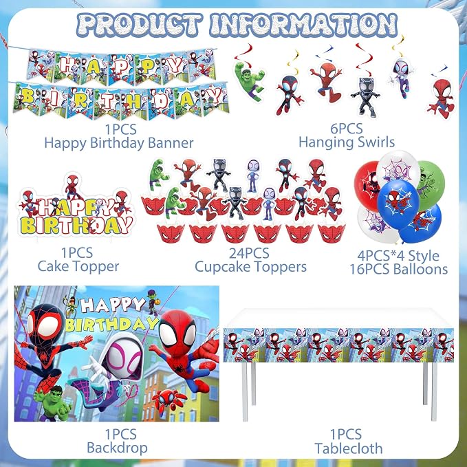 Cartoon Birthday Decorations Include Backdrop, Happy Birthday Banner, Balloons, Hanging Swirls, Tablecloth for Adult Theme Party Supplies