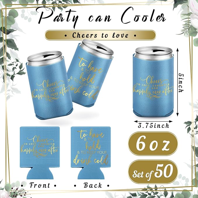 Qinyoung 50 Pieces Haze Blue Wedding Can Cooler Bulk Engagement Party Favors for Guests Cheers to Love and Happily Ever After Rehearsal Dinner Decorations for Wedding Bridal