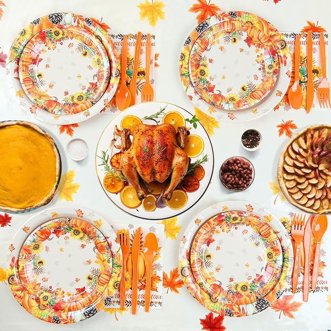 194Pcs Thanksgiving Disposable Dinnerware Tableware,Thanksgiving Paper Plates and Napkins Sets-Fall Thanksgivings Party Supplies with Tablecloth & Banner & Cups for Fall Party Decor, Serves 24