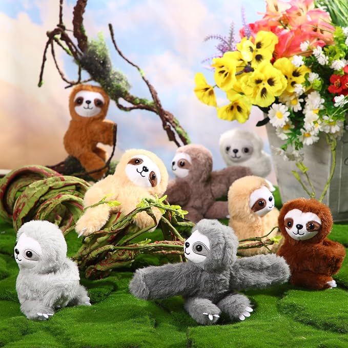 Liliful 8 Pack Kids Plush Gifts Stuffed Animal Cat Slap Bracelets - 8 Inch Back to School Prize Box Toys Wrist Cute Snap Birthday Rewards for Boys Girls Child Pet Adoption Party Favors(Sloths)