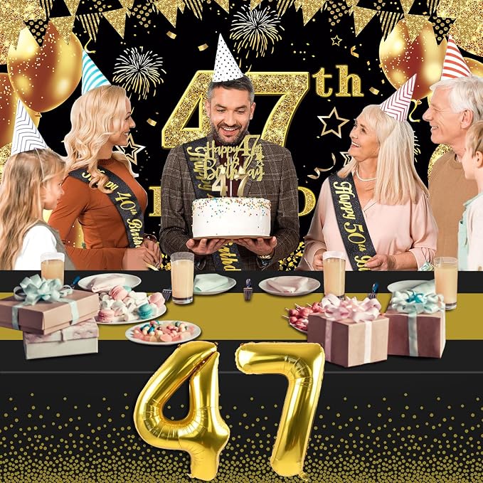 47th Birthday Decorations Men Women with 47th Birthday Banner, Black and Gold Table Cloth, Number Balloons, Large Sash, Cake Topper and Candles
