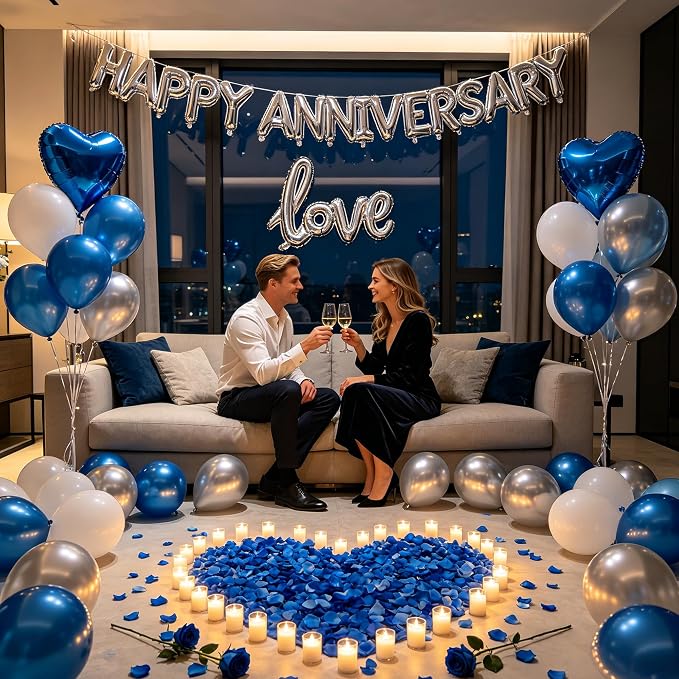 Blue Happy Anniversary Balloons Kit with Heart Shaped, Love Foil Balloons and 1000 Pieces Rose Petals for Valentine's Day Proposals Decorations (Blue - Happy Anniversary)