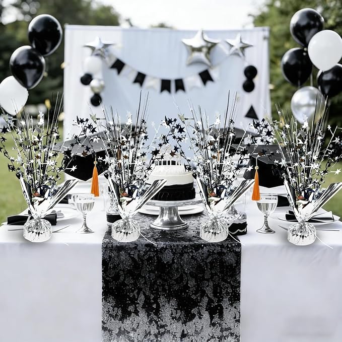 6 Pack Metallic Foil Spray Table Centerpiece Decoration Star Brust Glitter Table Topper Decor for Birthday Graduation Holiday Christmas New Year's Eve Celebration Party Supplies Black Silver
