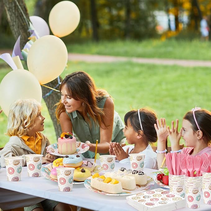 Ziliny 350 Pcs Donut Grow up Party Supplies Tableware Set Disposable 9'' 7'' Paper Plates 9 oz Cups Cutlery Napkins Dinnerware Set for 1st Birthday, Serve 50 (Donut Grow Up, Macron Color)