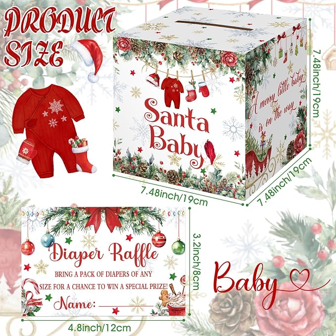 Teling 51 Pieces Diaper Raffle Tickets with Card Box Baby Shower Decorations Gender Reveal Holder Box for Girl Boy Diaper Raffle Party (A Santa Baby is on the Way)