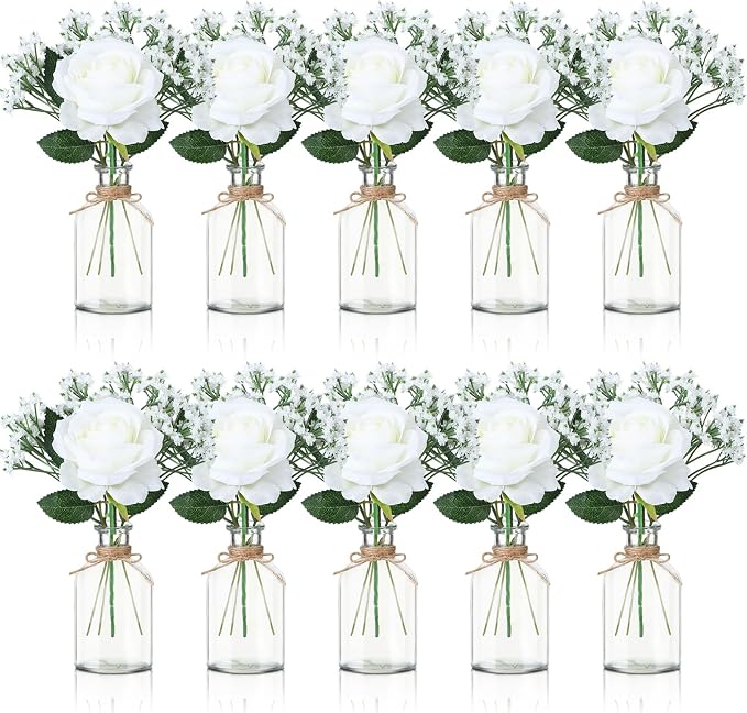 10 Set Glass Bud Vases Centerpiece with Artificial Flowers for Table Decor 10 Small Clear Glass Vase 10 White Roses 30 Baby Breath for Wedding Bridal Shower Home Rustic Farmhouse Decor