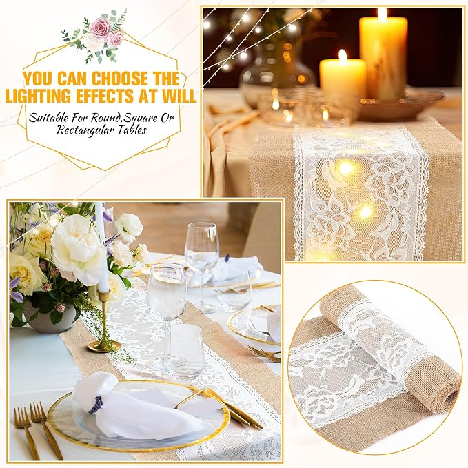 Xinnun 6 Pack Burlap Table Runner with Warm LED Lights,Rustic Lace Wedding Table Decor,Boho Farmhouse Jute Runner for Reception Bridal Shower Party(Novelty,12x108 Inches)