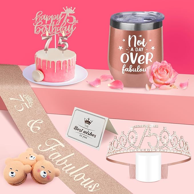 75th Birthday Decorations for Women Including Crown, Sash, Cake Topper, Candles and 12oz Wine Tumbler with Lid, 75th Birthday Gifts for Women
