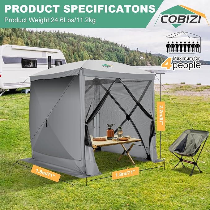 COBIZI 6x6 FT Pop up Gazebo, Popup Canopy Tent, Screened in Gazebos with sidewalls, Waterproof Portable Outdoor Small Screen Tents Sun Shelter,carpas para Patio for Camping, Garden and Backyard,Grey