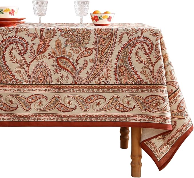 ISAENNE Designer Vintage Linen Rectangular Tablecloth,102"x63"-Chauffrey D | Vintage French Table Cloth Rectangle Table,Cashew Pattern,Durable,Heavyweight,Dining,Kitchen,Tea Party,Thanksgiving