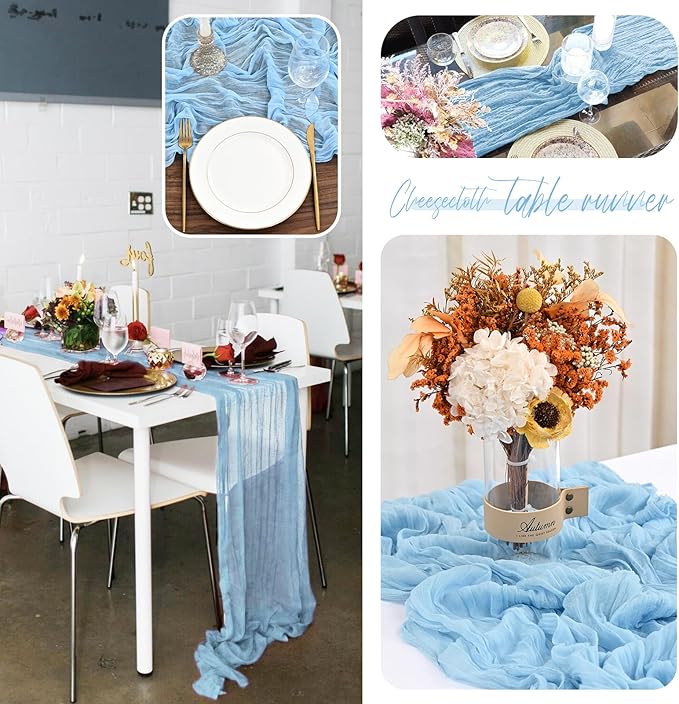 24 Pack Light Blue Cheesecloth Table Runner,9FT Burgundy Runner,17x108inch Rustic Boho Gauze Table Runner for Wedding Party Bridal Shower Thanksgiving Christmas Boho Table Decoration