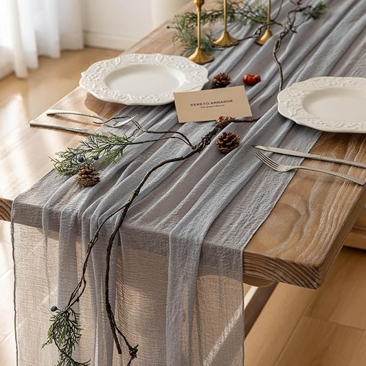 Keketoarrange 3pcs Dusty Blue Gauze Rustic Cheesecloth Table Runner 120 Inch 10 FT for Wedding Baby Shower Bridal Shower Birthday Engagement Garden Outdoor Party Long Sheer Boho Decorations