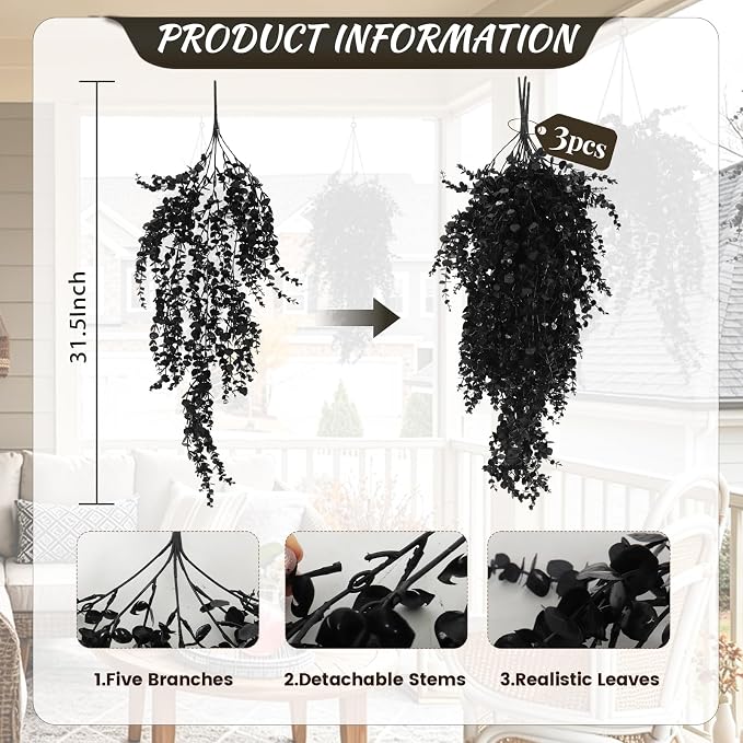 RECUTMS Black Artificial Hanging Gothic Plant 31.5" Fake Fall Greenery Vine | 3Pcs Artificial Greenery for Outdoors,UV Resistant Faux Ivy,Plastic Plants for Indoor Outdoor Halloween Garden Decoration