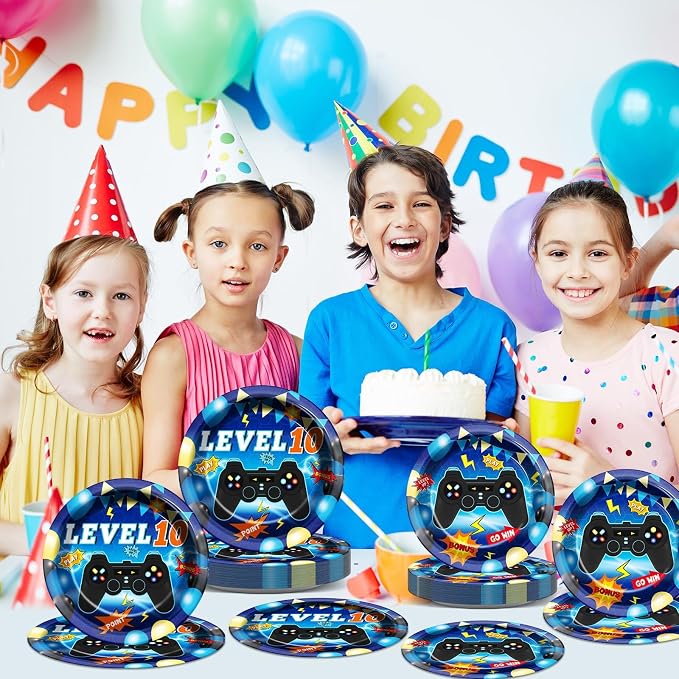 96Pcs Level 10 Plates and Napkins Sets Level Up 10 Unlocked Birthday Decorations 10th Birthday Plates for Boys Video Game Supplies 10th Blue Gaming Pattern Design Party Favors for 24 Guests