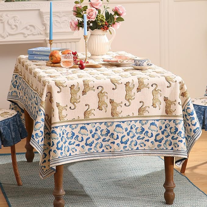 patdrea Vintage Leopard Print Linen Tablecloth,Rectangular,87"x63"-from | Fench Elegant Table Cloth for Rectangle Table,Animal Patterned,Dining Room Kitchen Tea Party Decoration,Durable