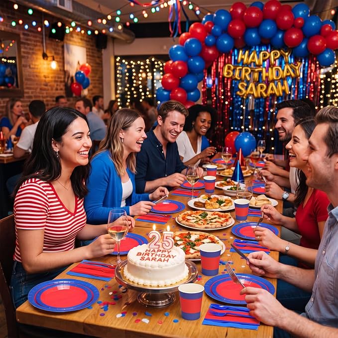400 Pcs Red and Blue Party Decoration for 50, Blue Red Paper Plates Napkins Cups Tablecloth Cutlery Disposable Tableware Set for Spider Birthday 4th of July Party Supplies