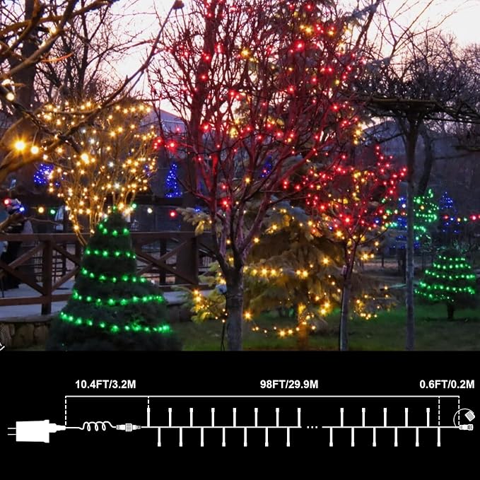 LAMPHOME Red Green Warm Christmas String Lights, 300 LED 99 FT Connectable Waterproof String Lights Green Wire with 16 Modes, Xmas Vintage Decorations for Indoor Outdoor Party Yard Garden Decor