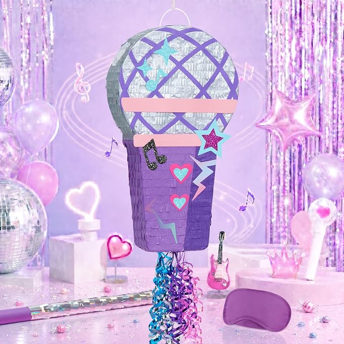 WERNNSAI Microphone Piñata - Purple Pink Pull String Piñata, Stick and Blindfold, Girl Party Game Supplies for Birthday, Kpop Party, Carnivals Games Decor (16.5"x9.1"x3")